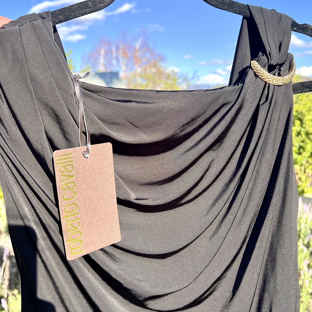 Roberto Cavalli Top Black Gold Cowl Neck Slinky Blouse Size 42 US 6 Sm Med NWT - Picture 2 of 8